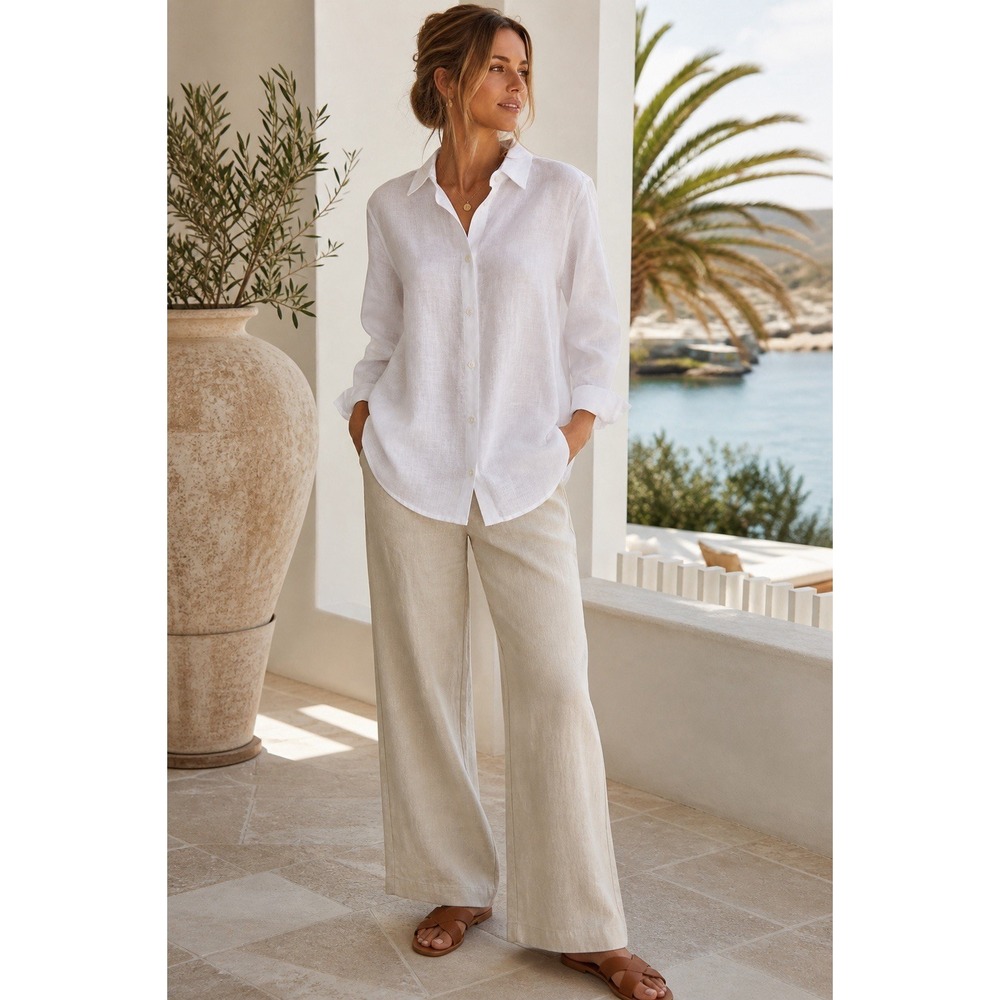 NWT Crown Linen Designs  White 100% Linen Long Sleeve Tunic Sz M Button Down